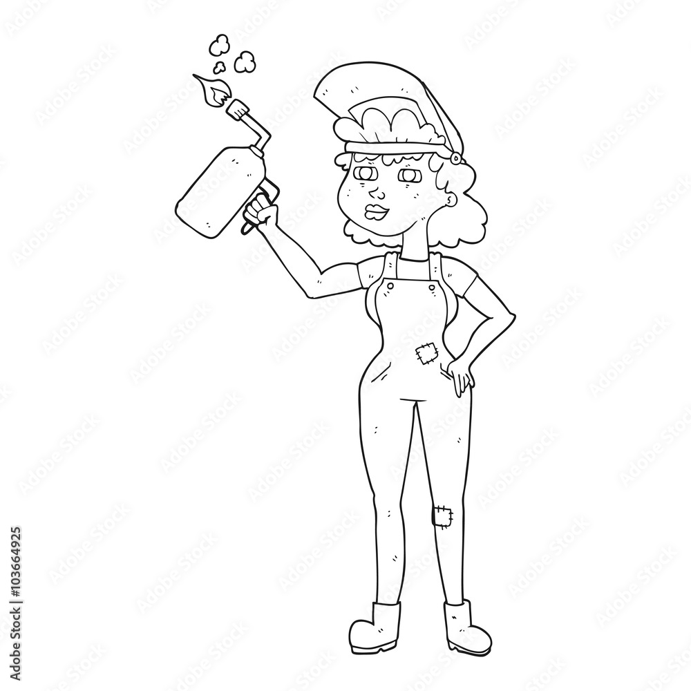 black and white cartoon woman welding