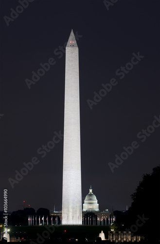 Washington DC skyline view with Washington Monument and US Capitol Building at night, USA
