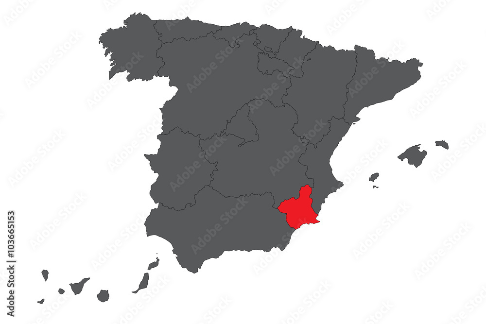 Murcia red map on gray Spain map vector