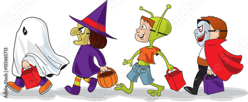 Three children trick-or-treating with a little alien