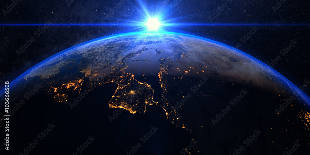 Obraz premium Planet Earth with a spectacular sunrise, view on Europe and Africa.