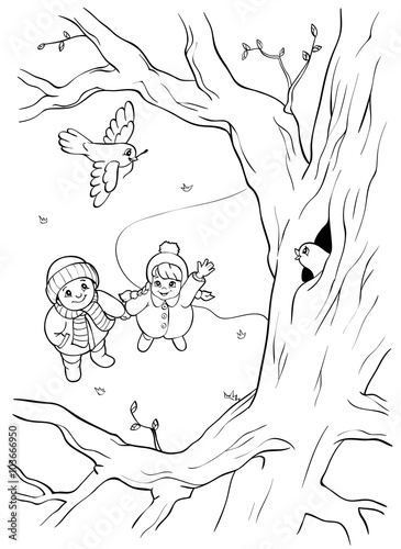 Coloring book or page. Wild bird on the tree and two children. Springtime illustration.