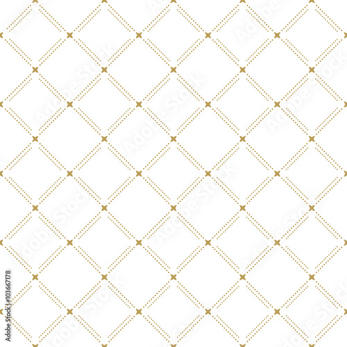 Geometric repeating vector ornament with diagonal dotted lines. Seamless abstract modern golden pattern