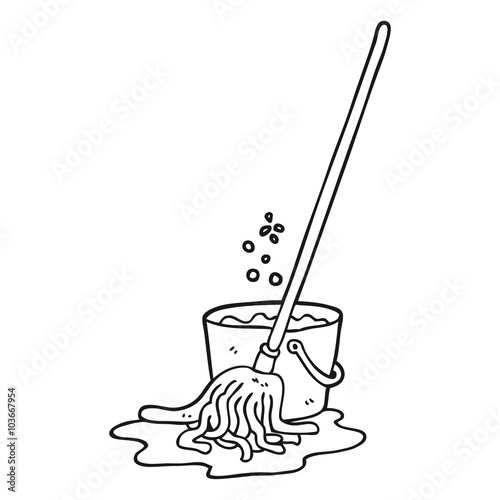 black and white cartoon mop and bucket