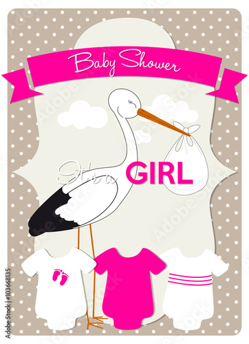 baby shower card, stork is carrying a baby girl! the announcement on fluffy white clouds with different models of bodysuits 