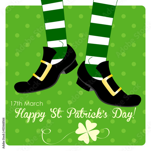 saint patrick's day card, irish leprechaun legs dancing on green background