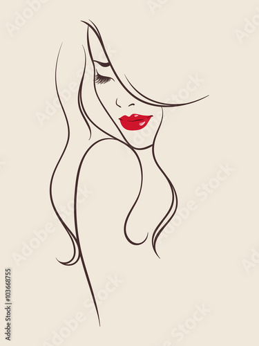 Beauty salon design. Portrait of pretty young woman with long beautiful eyelashes and bright red lips. Vector illustration