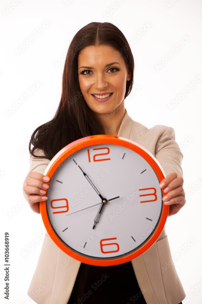 Woman with big clock smiling prepared on time. Woman with big clock smiling prepared on time.