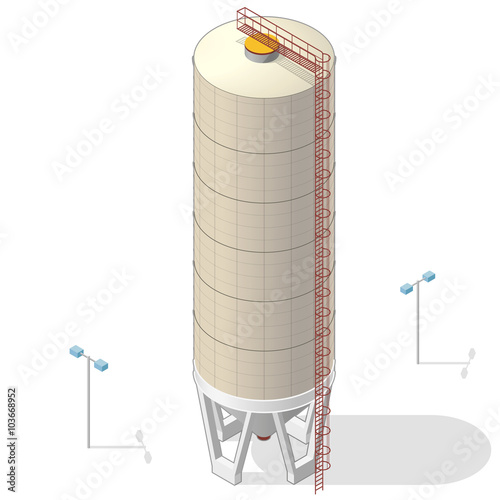 Grain silo isometric building infographic, big ochre seed elevator on white background. Illustration set for article, agriculture, farming, husbandry. Flatten isolated master vector.