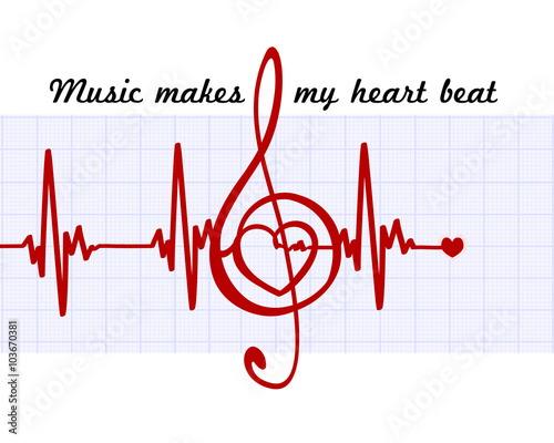 Heart in a musical clef with cardiogram.Music makes my heart beat