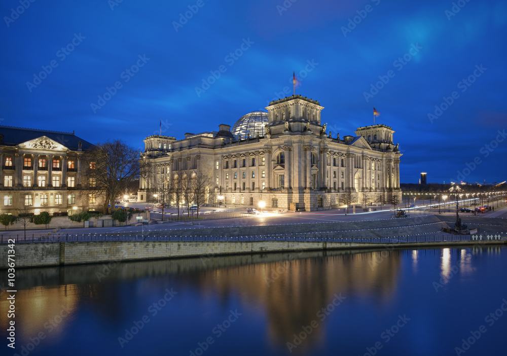 German parliament building (Reichstag) and river Sprew at evening, Parliament district, Berlin, Germany, Europe
