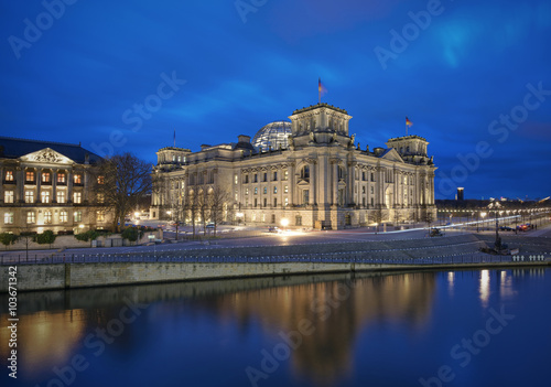German parliament building (Reichstag) and river Sprew at evening, Parliament district, Berlin, Germany, Europe 