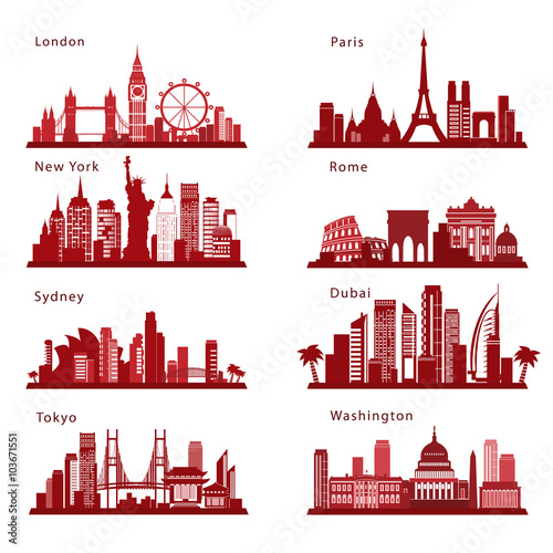 Detailed Cities skylines set with landmarks. Vector silhouettes