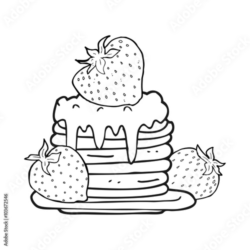 black and white cartoon pancake stack with strawberries