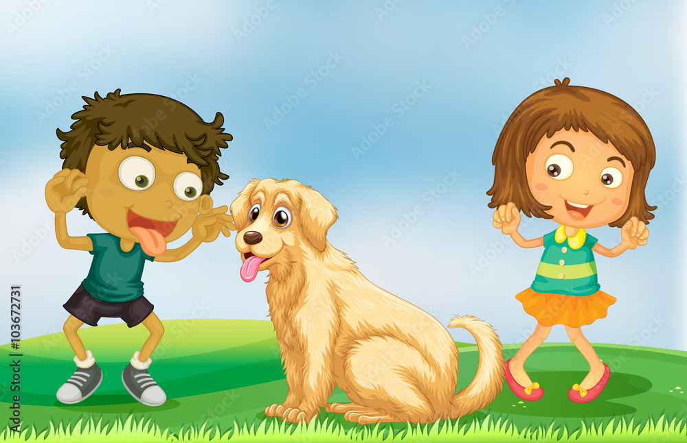 Girl and boy playing with pet dog Girl and boy playing with pet dog