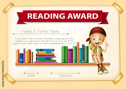 Reading award with girl and books