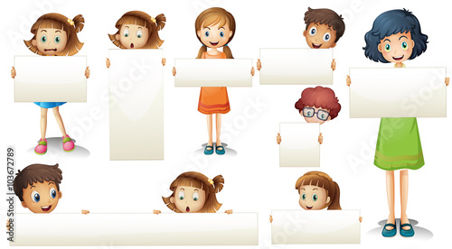 Boys and girls with blank sign