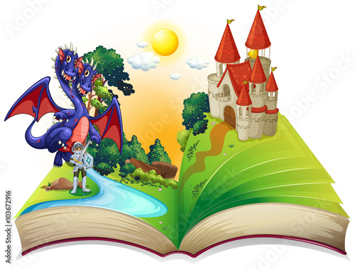 Book of fairytales with knight and dragon