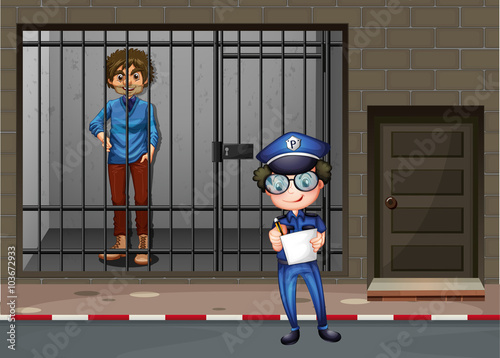 Policeman recording crime and man in cell