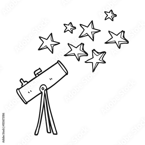 black and white cartoon telescope and stars