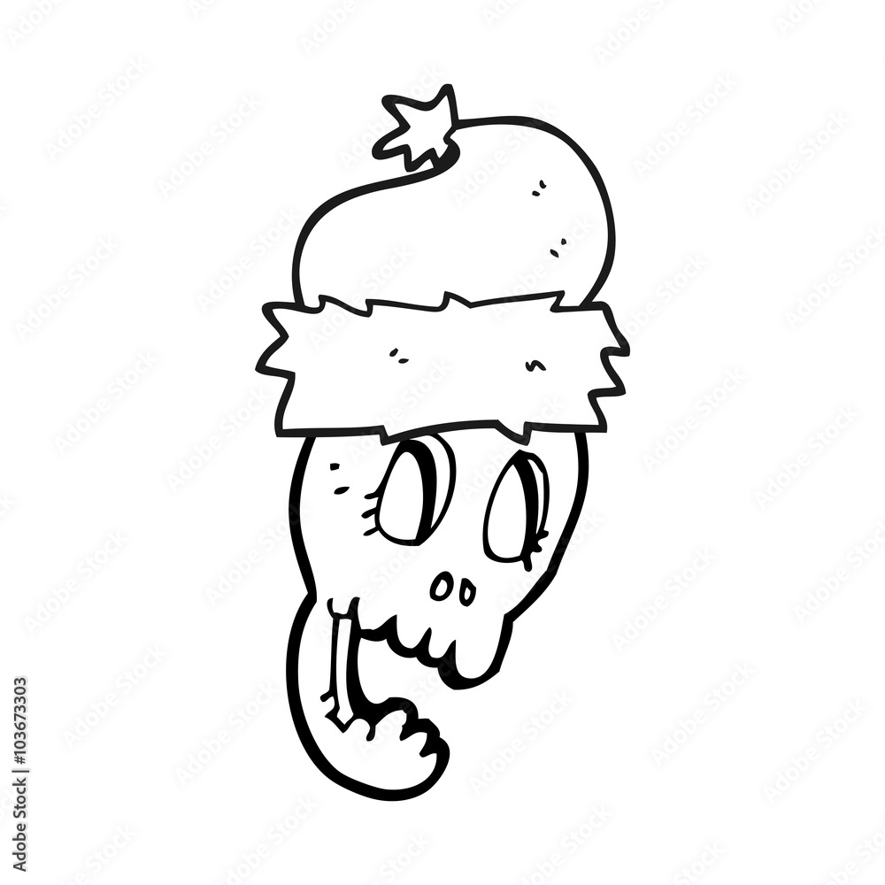 black and white cartoon christmas hat on skull black and white cartoon christmas hat on skull