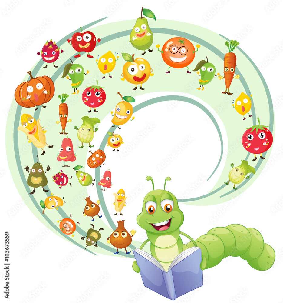 Fototapeta premium Worm reading book of fruits