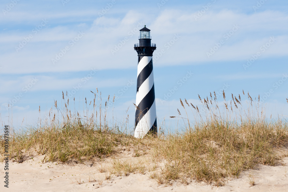 Cape Hatteras Lighthouse seen from beach NC USA - obrazy, fototapety, plakaty 