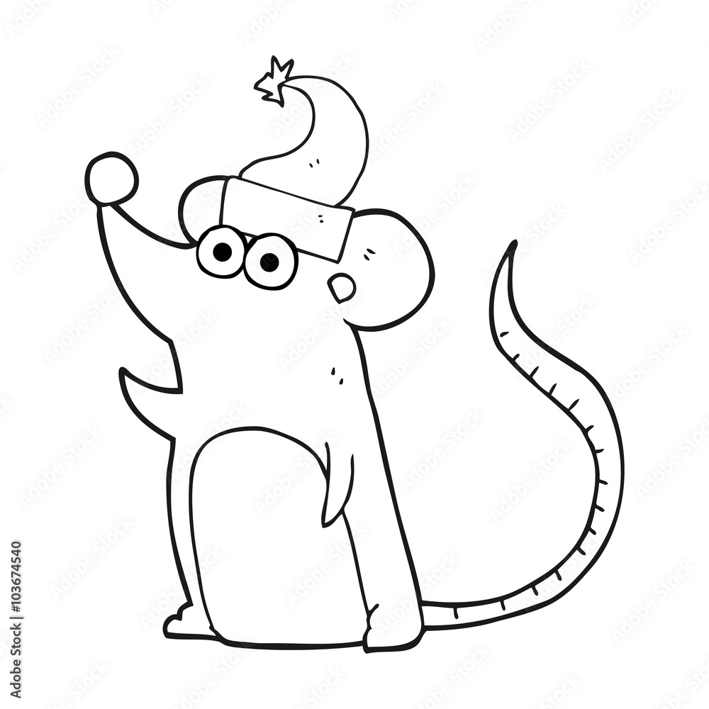 black and white cartoon mouse in christmas hat