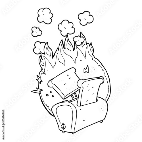 black and white cartoon burning toaster