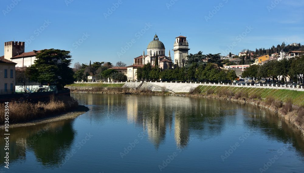 San Giorgio in Braida reflected in Adige River