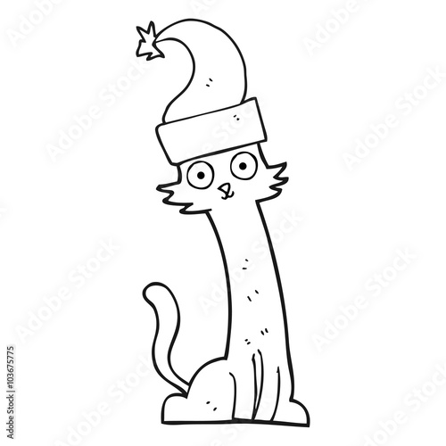 black and white cartoon cat in christmas hat