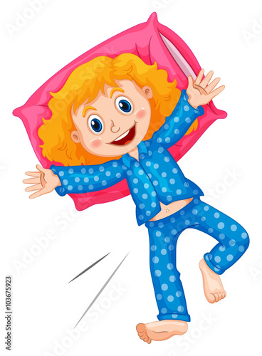 Girl in blue polka dots pajamas