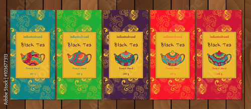 Set of cards or tea package with ethnic ornaments. Oriental indian style. Hand-drawn patterns with round elements.