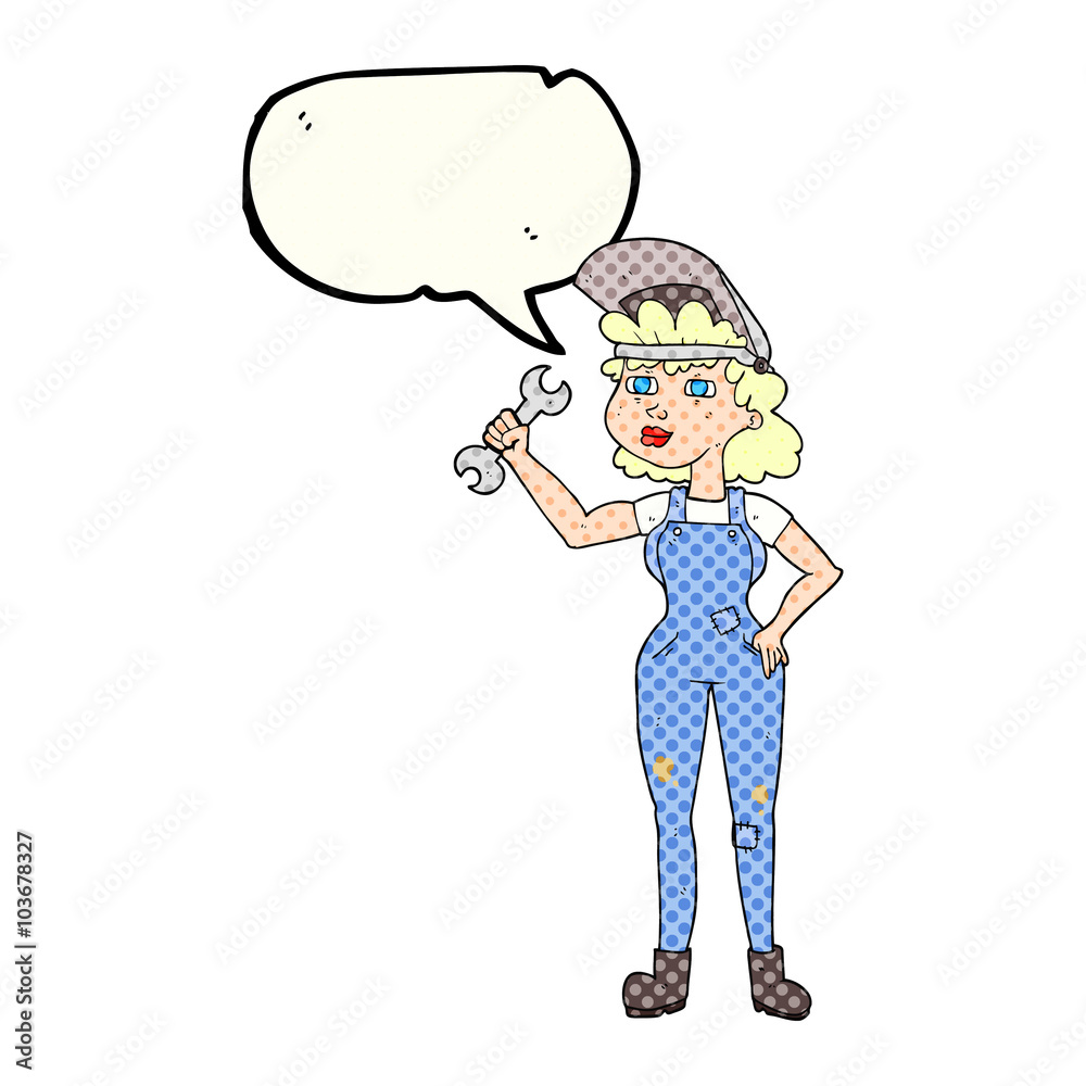 comic book speech bubble cartoon woman with spanner comic book speech bubble cartoon woman with spanner