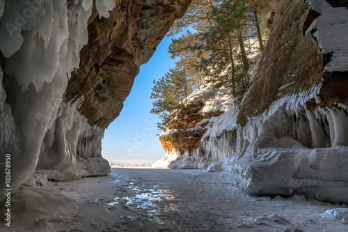 Ice and snow-laden shoreline sandstone formations on Wisconsin's Apostle Islands National Lakeshore near Meyer's beach; Lake Superior.