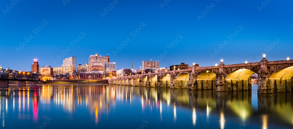Harrisburg, Pennsylvania skyline with the historic Market Street Bridge reflected on the Susquehanna River at dusk