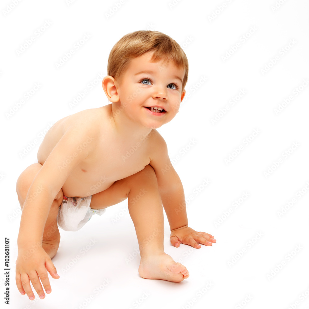 Full naked body of happy baby boy in diapers isolated on white Stock Photo  | Adobe Stock