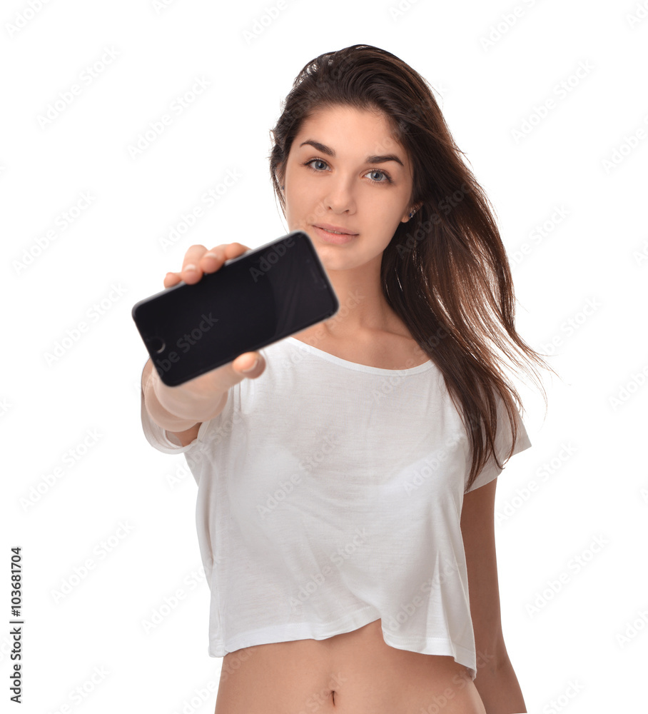 Young Pretty Woman Showing display of her new touch mobile cell Young Pretty Woman Showing display of her new touch mobile cell