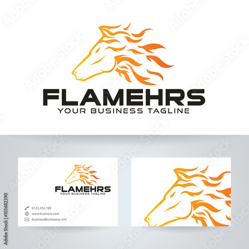 Flame horse vector logo with business card template