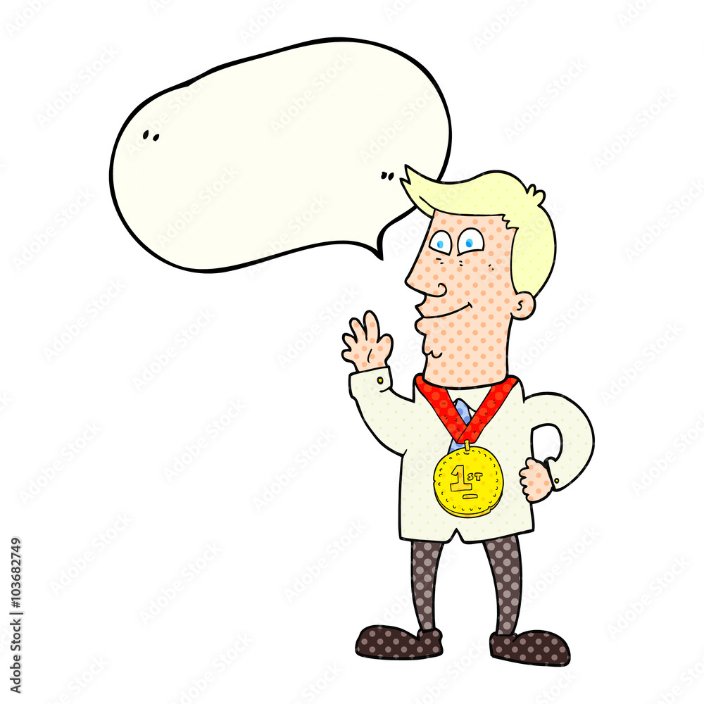 comic book speech bubble cartoon waving man with award comic book speech bubble cartoon waving man with award