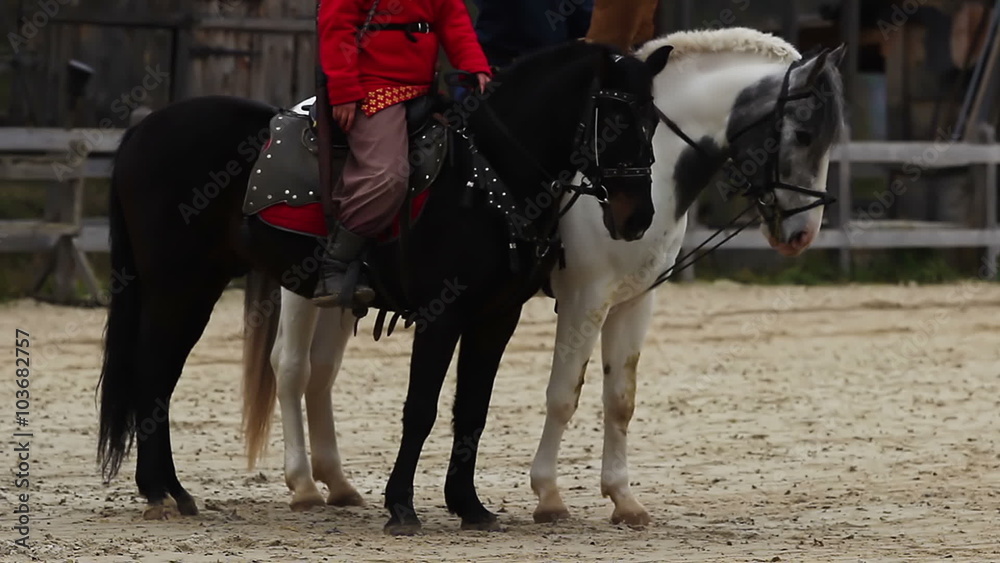 The Middle Ages. Envoys horse riders reading aloud a royal decree to villagers The Middle Ages. Envoys horse riders reading aloud a royal decree to villagers