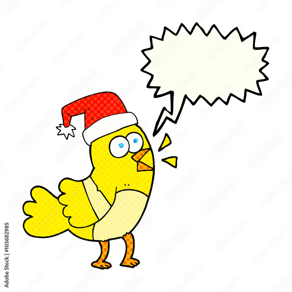 comic book speech bubble cartoon bird wearing christmas hat comic book speech bubble cartoon bird wearing christmas hat