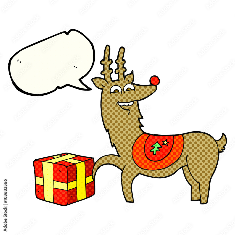 Obraz premium comic book speech bubble cartoon christmas reindeer with present
