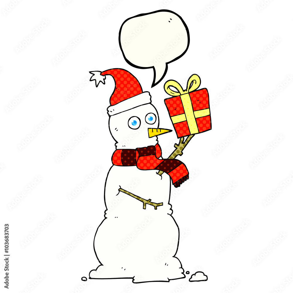 comic book speech bubble cartoon snowman holding present comic book speech bubble cartoon snowman holding present