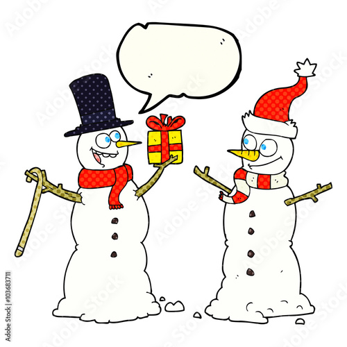 comic book speech bubble cartoon snowmen exchanging gifts