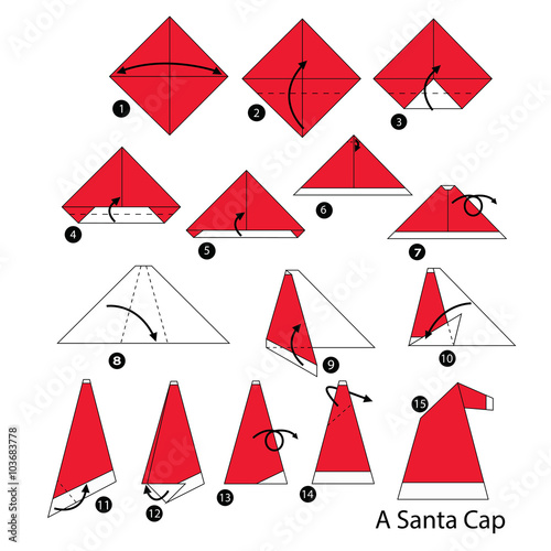 step by step instructions how to make origami Santa cap.