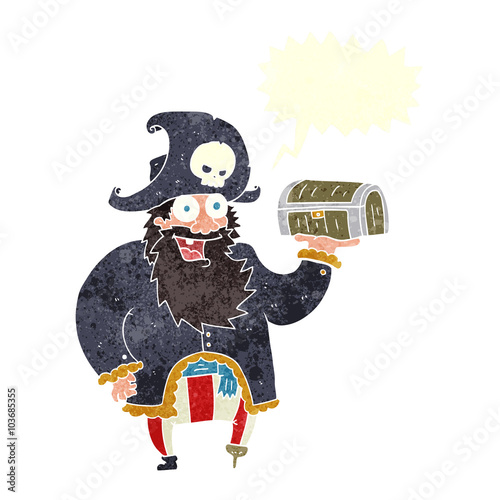 retro speech bubble cartoon pirate captain with treasure chest