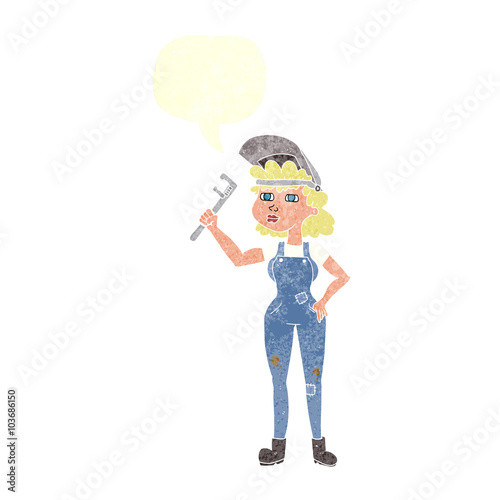 retro speech bubble cartoon capable woman with wrench
