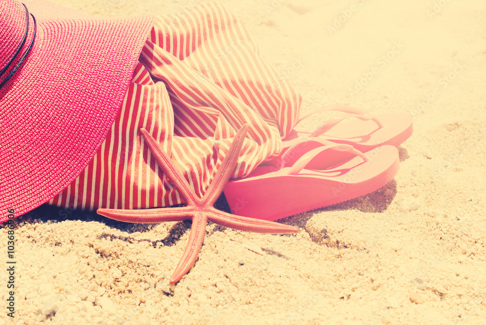 Sand Beach Pink Sunhat Flip Flops Bag Starfish Holiday Concept