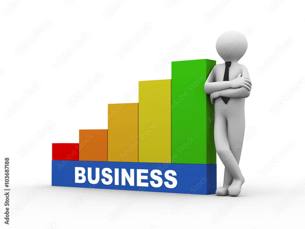 3d man with business growing business bars 3d man with business growing business bars